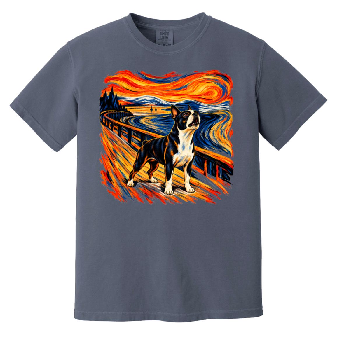 Denim Comfort Colors® T-shirt with The Howl Boston Terrier dog design