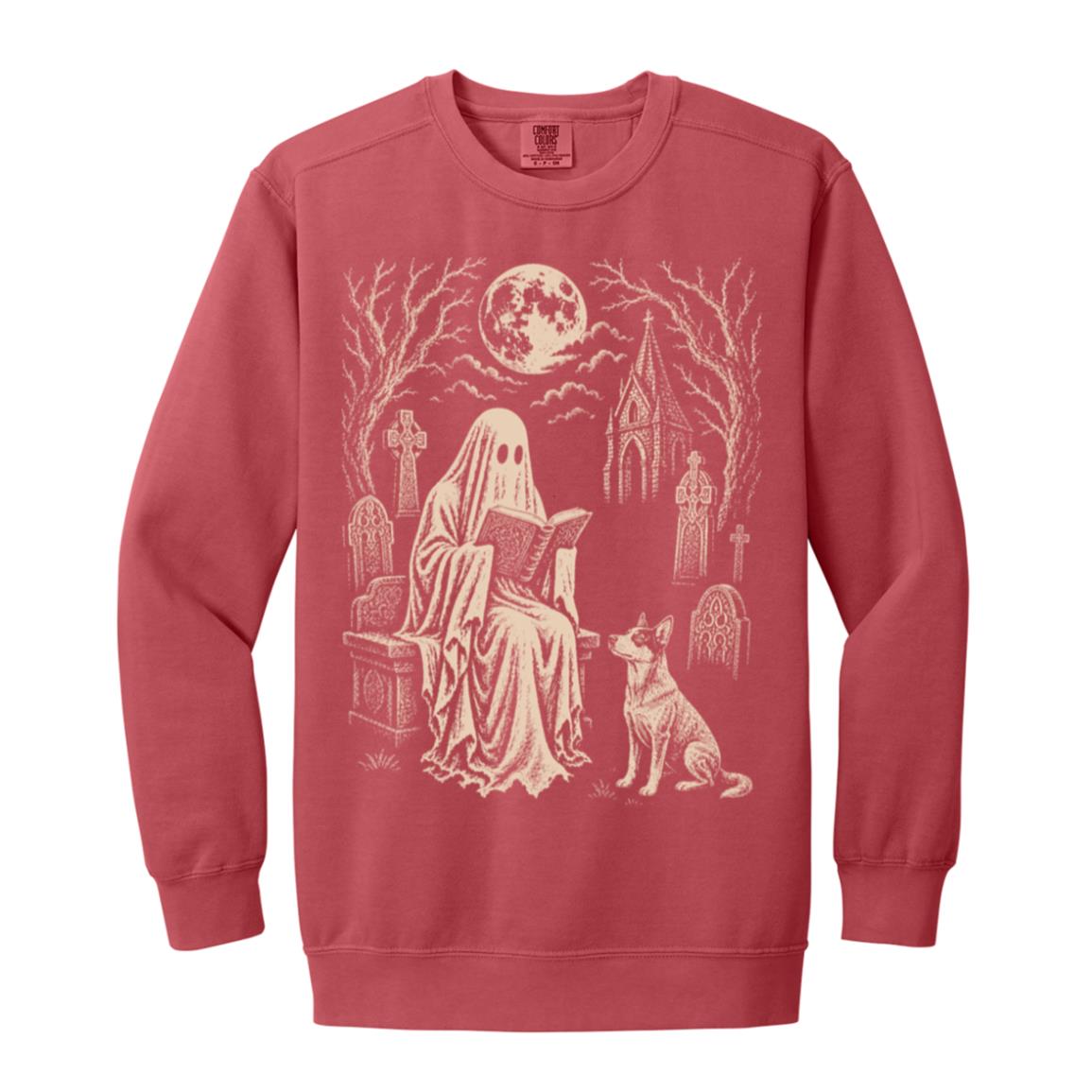 Blue Heeler Ghost Reading sweatshirt in Crimson