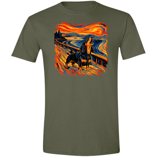 Military Green Gildan® Softstyle T-shirt with The Howl Dachshund dog design