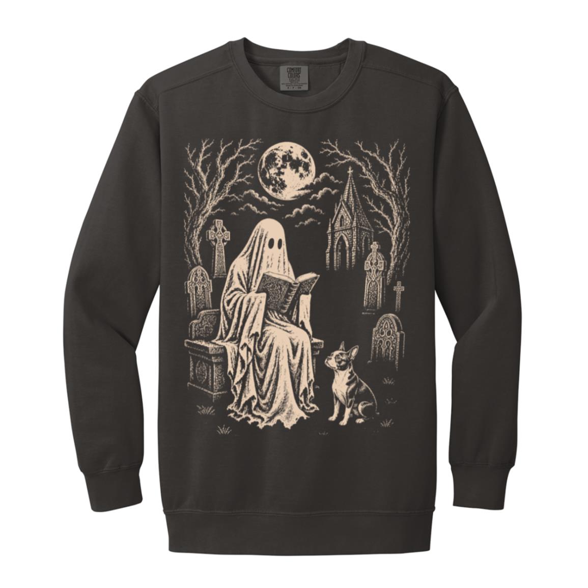 Boston Terrier Ghost Reading sweatshirt in Pepper