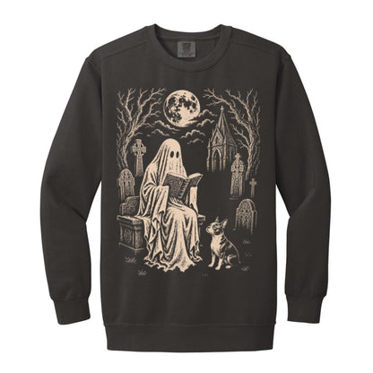 Boston Terrier Ghost Reading sweatshirt in Pepper