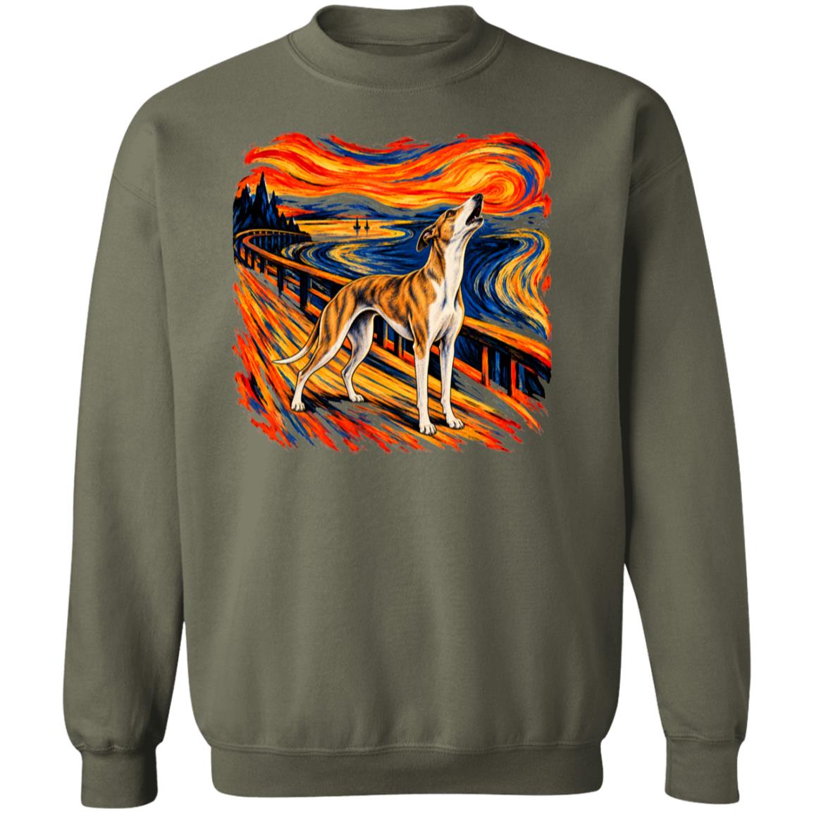 Military Green Gildan® Heavy Blend sweatshirt with The Howl Whippet dog design