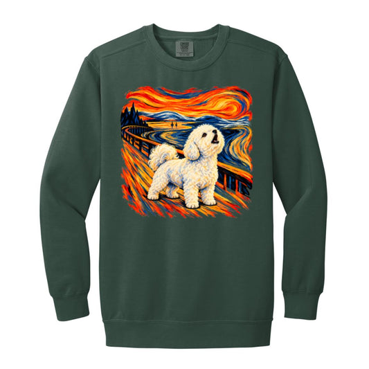 Blue Spruce Comfort Colors® sweatshirt with The Howl Bichon Frise dog design