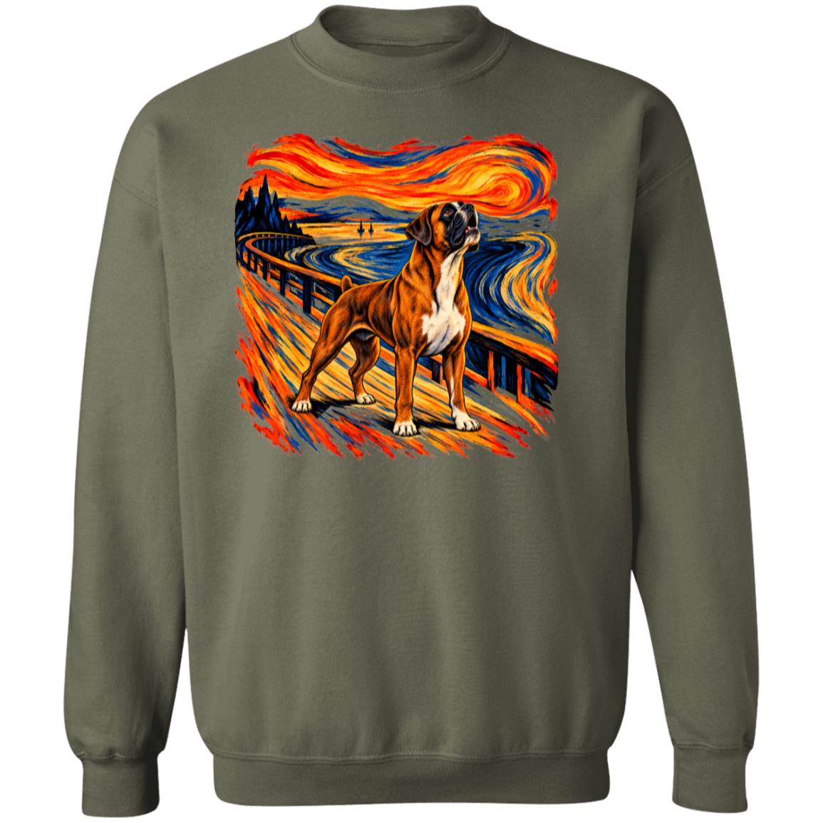 Military Green Gildan® Heavy Blend sweatshirt with The Howl Boxer dog design