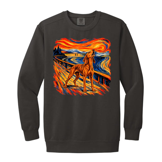 Pepper Comfort Colors® sweatshirt with The Howl Vizsla dog design