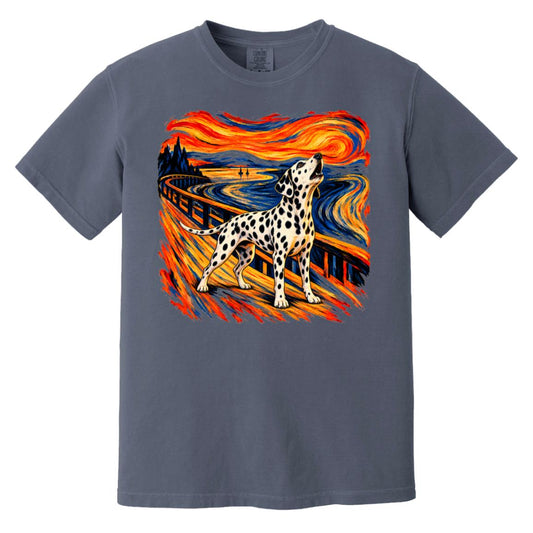 Denim Comfort Colors® T-shirt with The Howl Dalmatian dog design