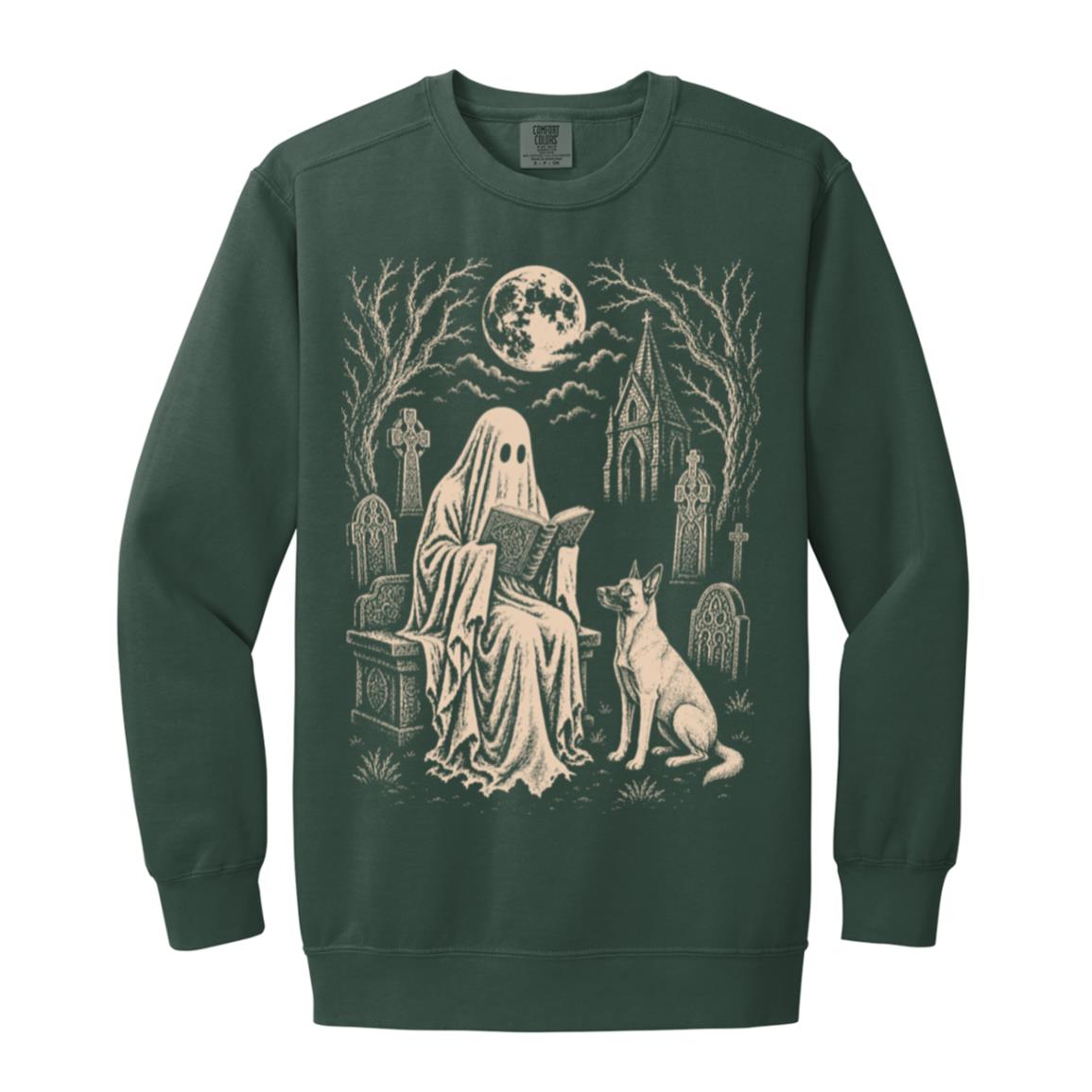 Belgian Malinois Ghost Reading sweatshirt in Blue Spruce
