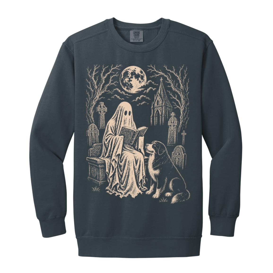Bernese Mountain Dog Ghost Reading sweatshirt in Denim