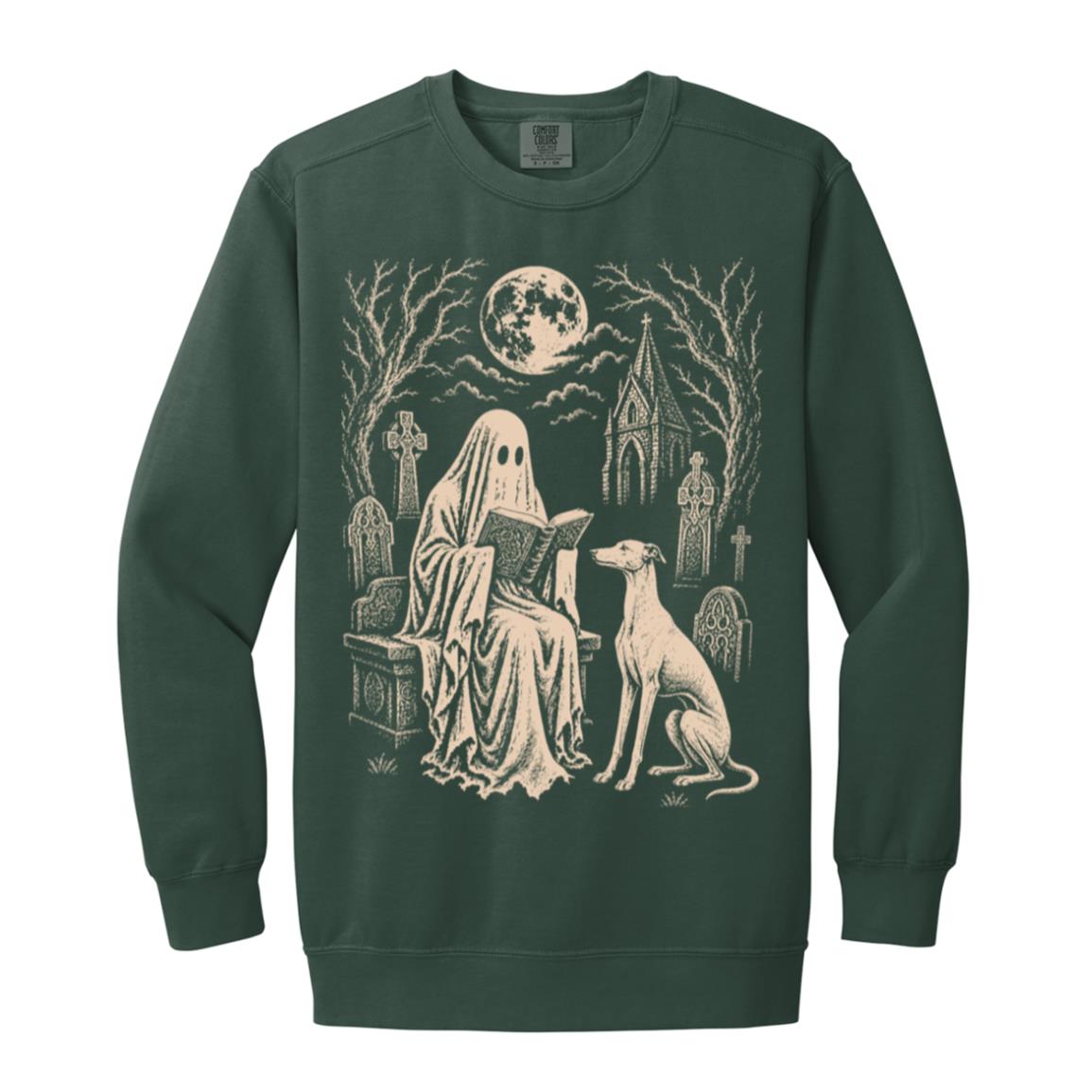 Greyhound Ghost Reading sweatshirt in Blue Spruce