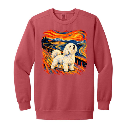 Crimson Comfort Colors® sweatshirt with The Howl Bichon Frise dog design