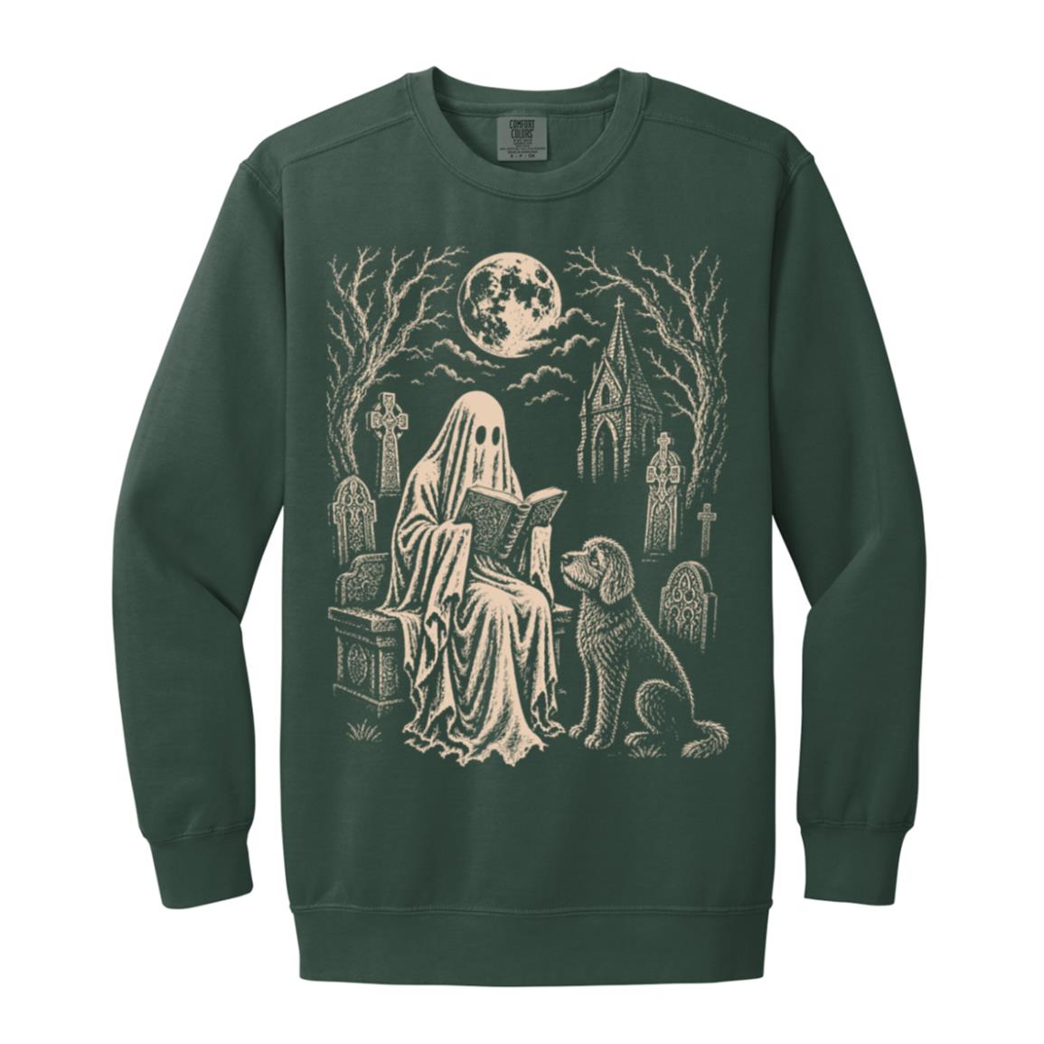Goldendoodle Ghost Reading sweatshirt in Blue Spruce