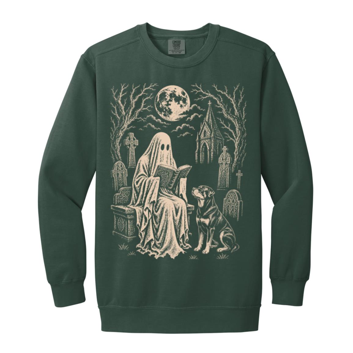 Rottweiler Ghost Reading sweatshirt in Blue Spruce