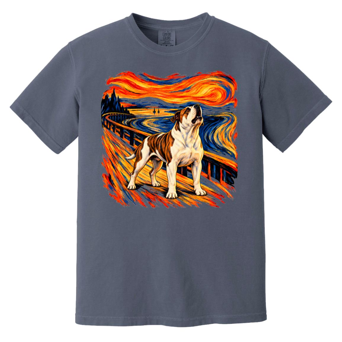 Denim Comfort Colors® T-shirt with The Howl American Bulldog dog design