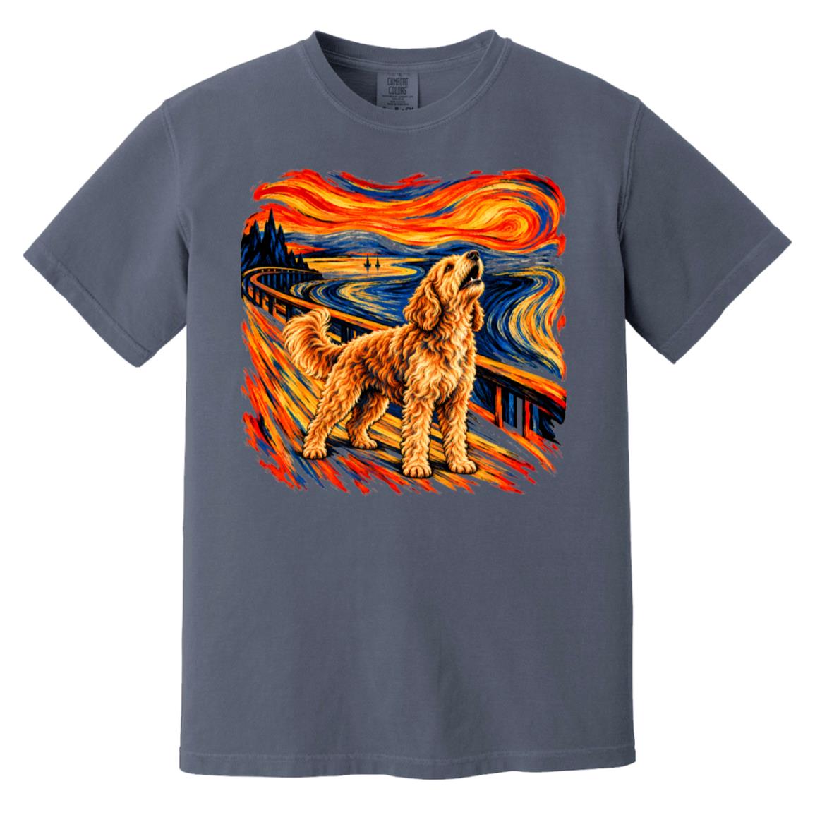 Denim Comfort Colors® T-shirt with The Howl Goldendoodle dog design