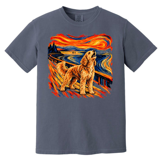 Denim Comfort Colors® T-shirt with The Howl Goldendoodle dog design