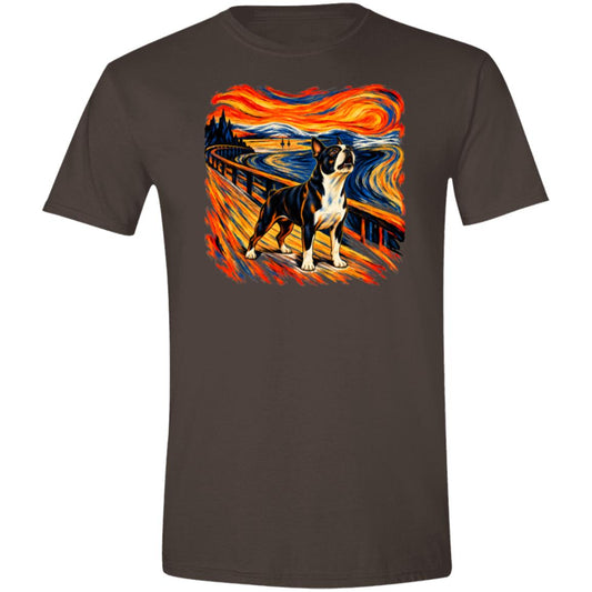 Dark Chocolate Gildan® Softstyle T-shirt with The Howl Boston Terrier dog design
