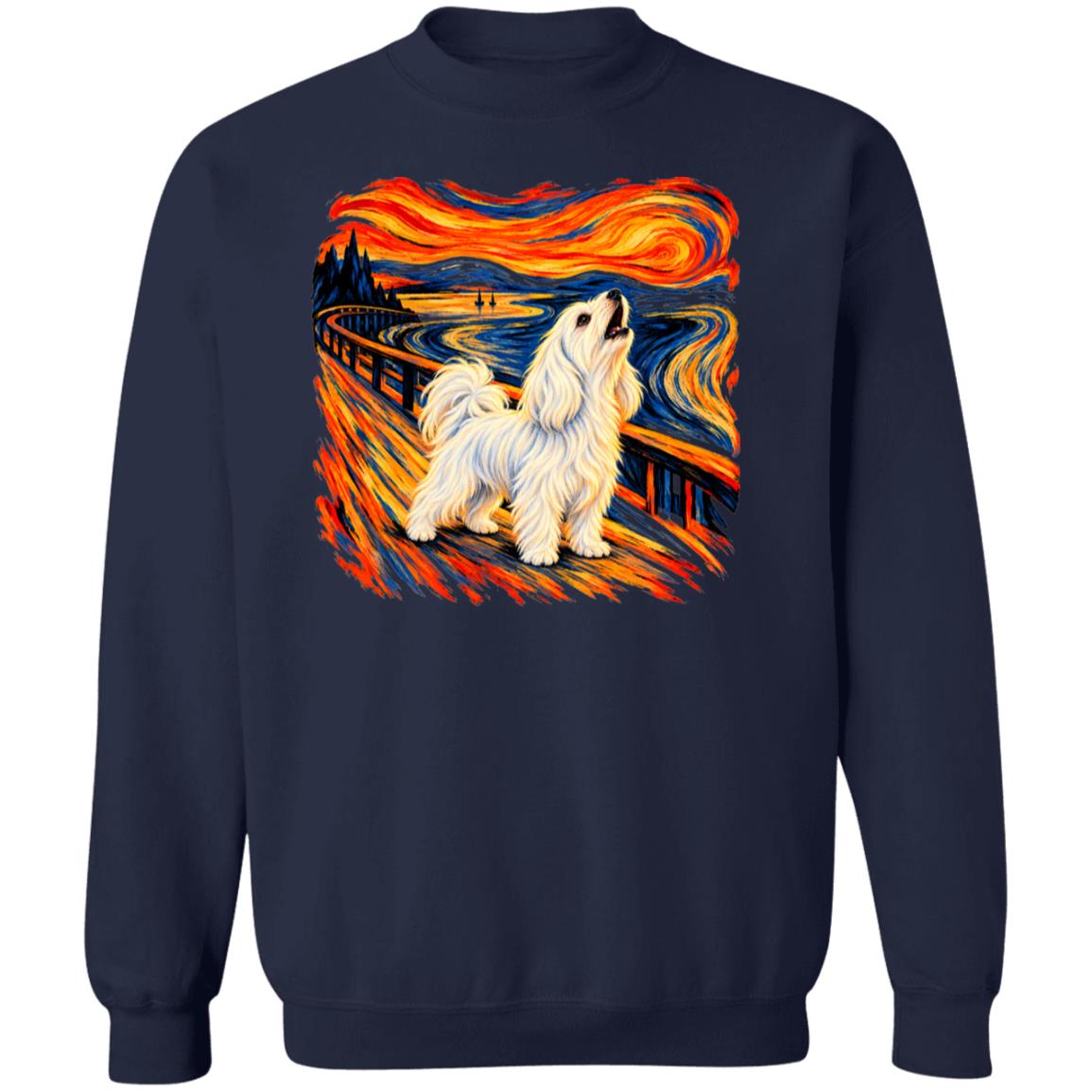 Navy Gildan® Heavy Blend sweatshirt with The Howl Maltese dog design