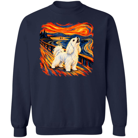Navy Gildan® Heavy Blend sweatshirt with The Howl Maltese dog design