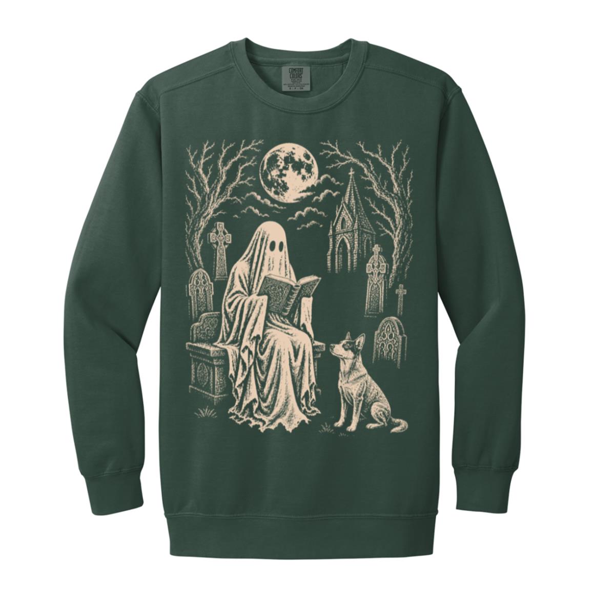 Blue Heeler Ghost Reading sweatshirt in Blue Spruce