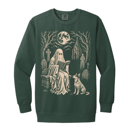 Blue Heeler Ghost Reading sweatshirt in Blue Spruce