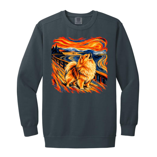 Denim Comfort Colors® sweatshirt with The Howl Pomeranian dog design