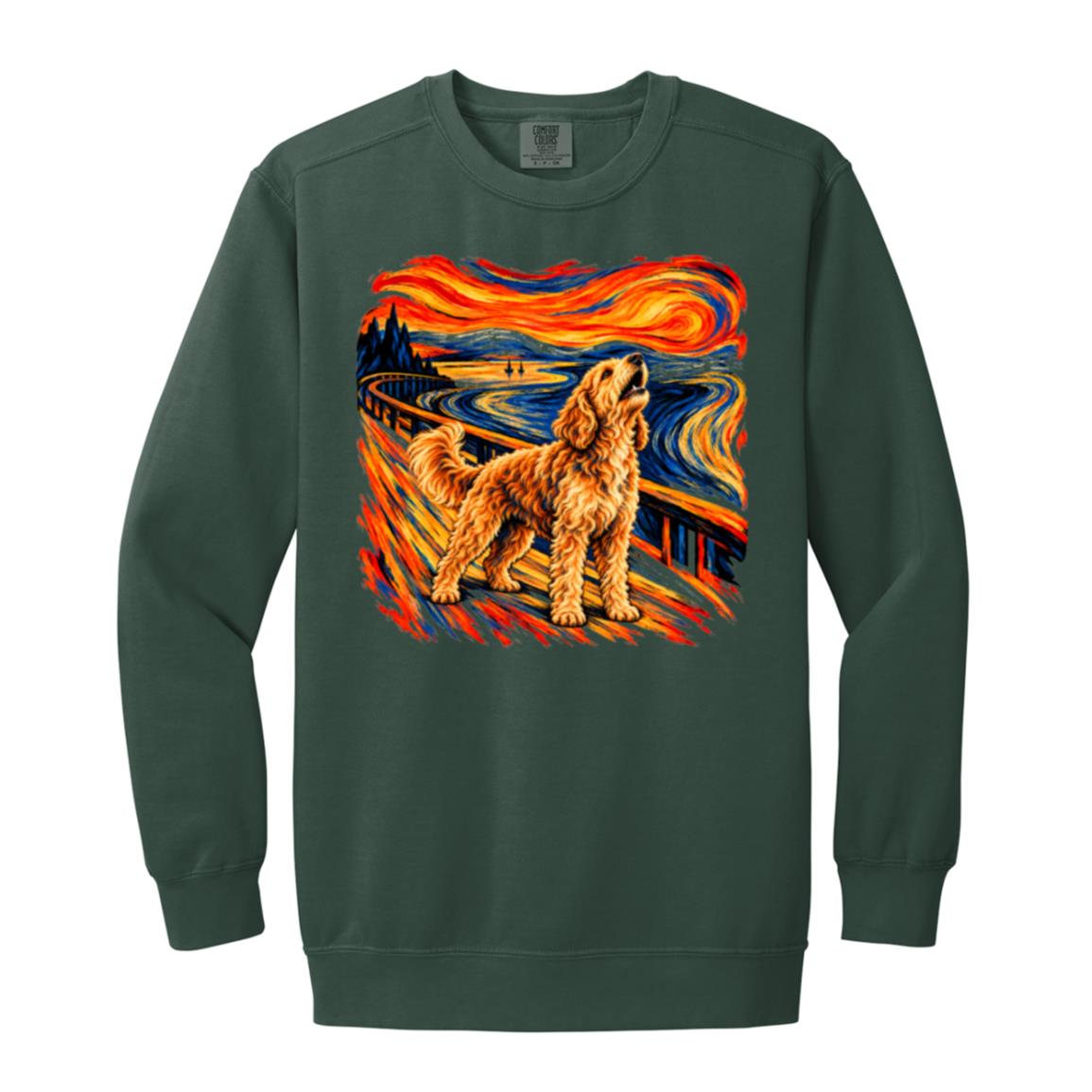 Blue Spruce Comfort Colors® sweatshirt with The Howl Goldendoodle dog design