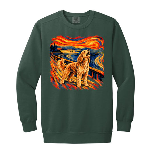 Blue Spruce Comfort Colors® sweatshirt with The Howl Goldendoodle dog design
