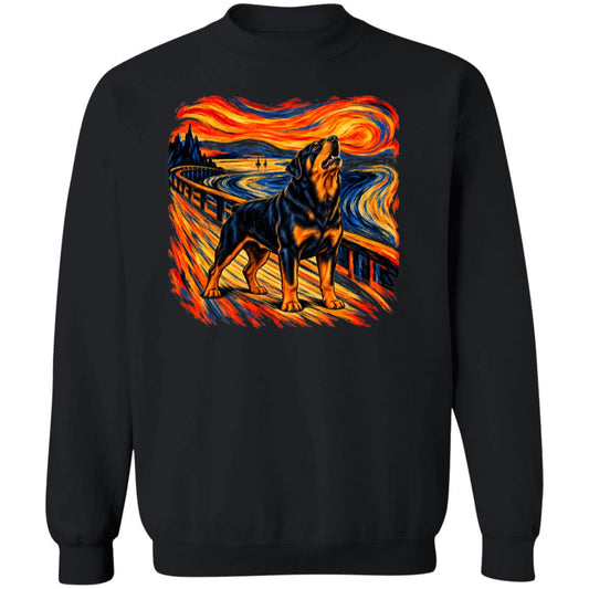 Black Gildan® Heavy Blend sweatshirt with The Howl Rottweiler dog design