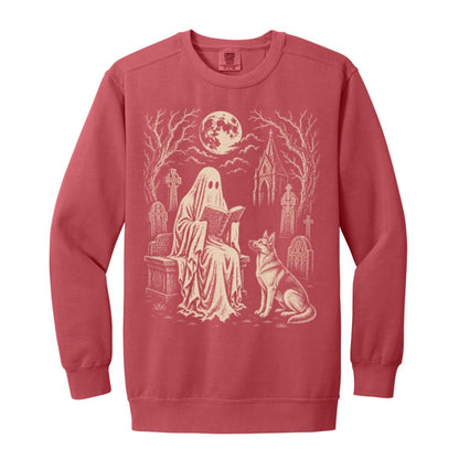 German Shepherd Ghost Reading sweatshirt in Crimson