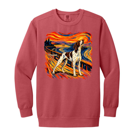 Crimson Comfort Colors® sweatshirt with The Howl Pointer dog design