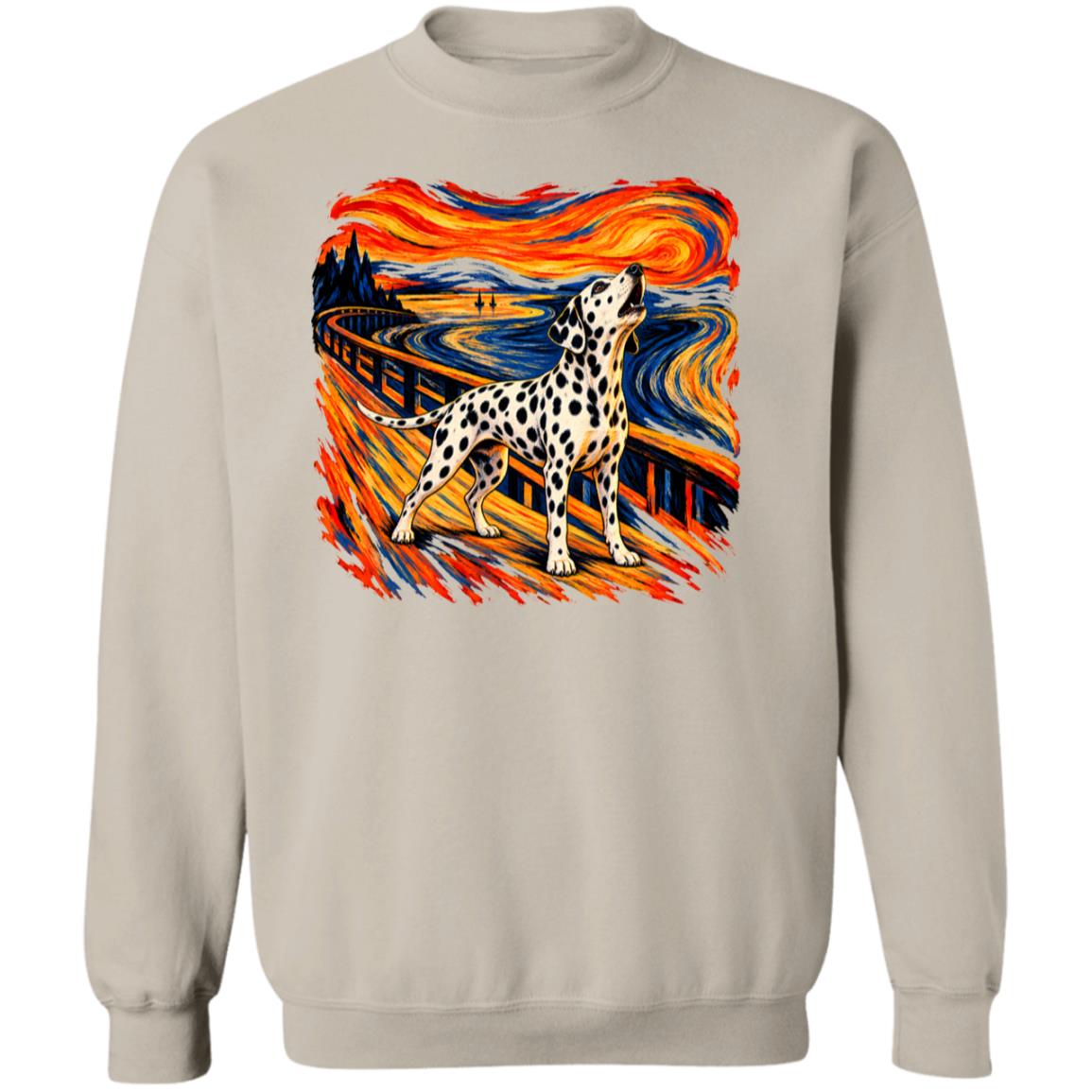 Sand Gildan® Heavy Blend sweatshirt with The Howl Dalmatian dog design
