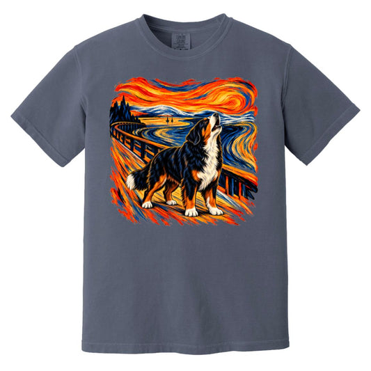 Denim Comfort Colors® T-shirt with The Howl Bernese Mountain Dog dog design