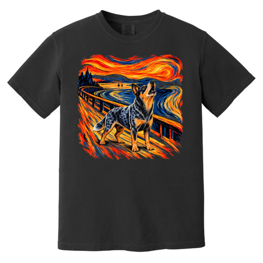 Black Comfort Colors® T-shirt with The Howl Blue Heeler dog design