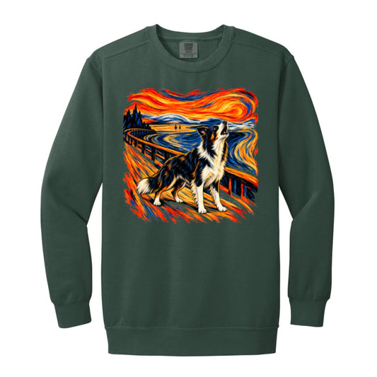 Blue Spruce Comfort Colors® sweatshirt with The Howl Border Collie dog design