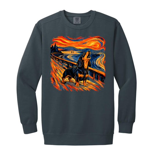 Denim Comfort Colors® sweatshirt with The Howl Dachshund dog design