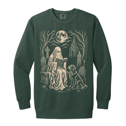 Golden Retriever Ghost Reading sweatshirt in Blue Spruce
