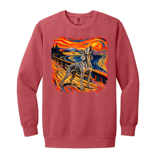 Crimson Comfort Colors® sweatshirt with The Howl Weimaraner dog design