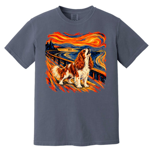 Denim Comfort Colors® T-shirt with The Howl Cavalier dog design