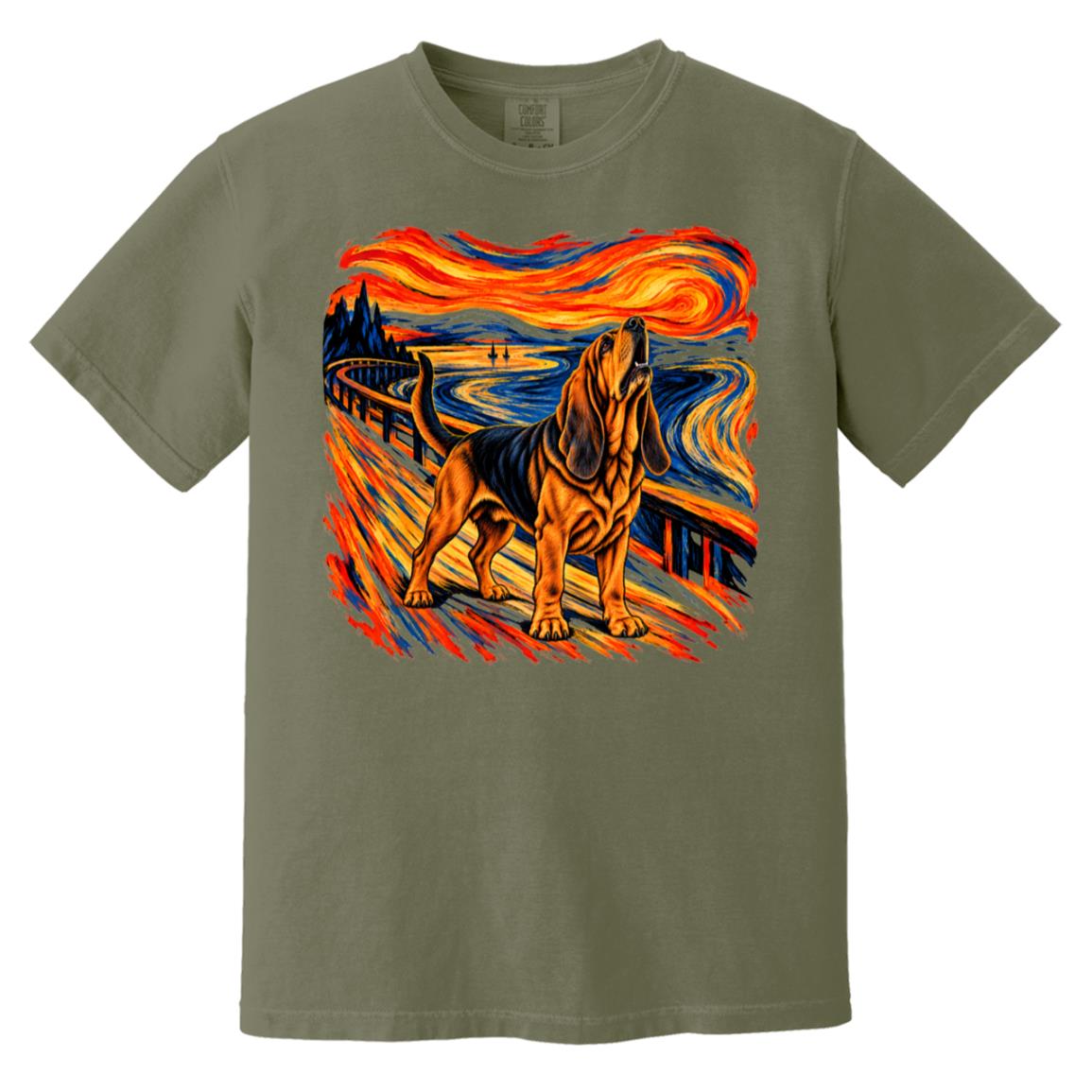 Moss Comfort Colors® T-shirt with The Howl Bloodhound dog design