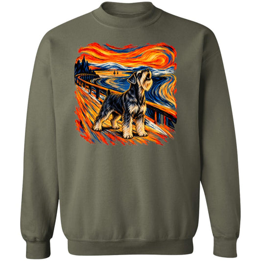 Military Green Gildan® Heavy Blend sweatshirt with The Howl Schnauzer dog design