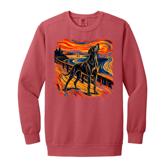 Crimson Comfort Colors® sweatshirt with The Howl Great Dane dog design