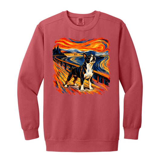 Crimson Comfort Colors® sweatshirt with The Howl Boston Terrier dog design