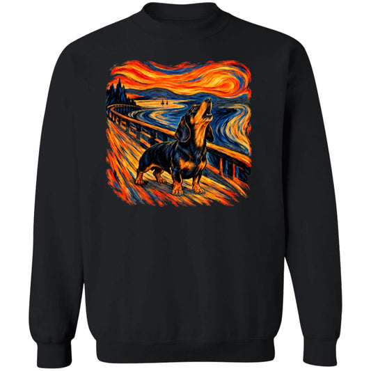 Black Gildan® Heavy Blend sweatshirt with The Howl Dachshund dog design