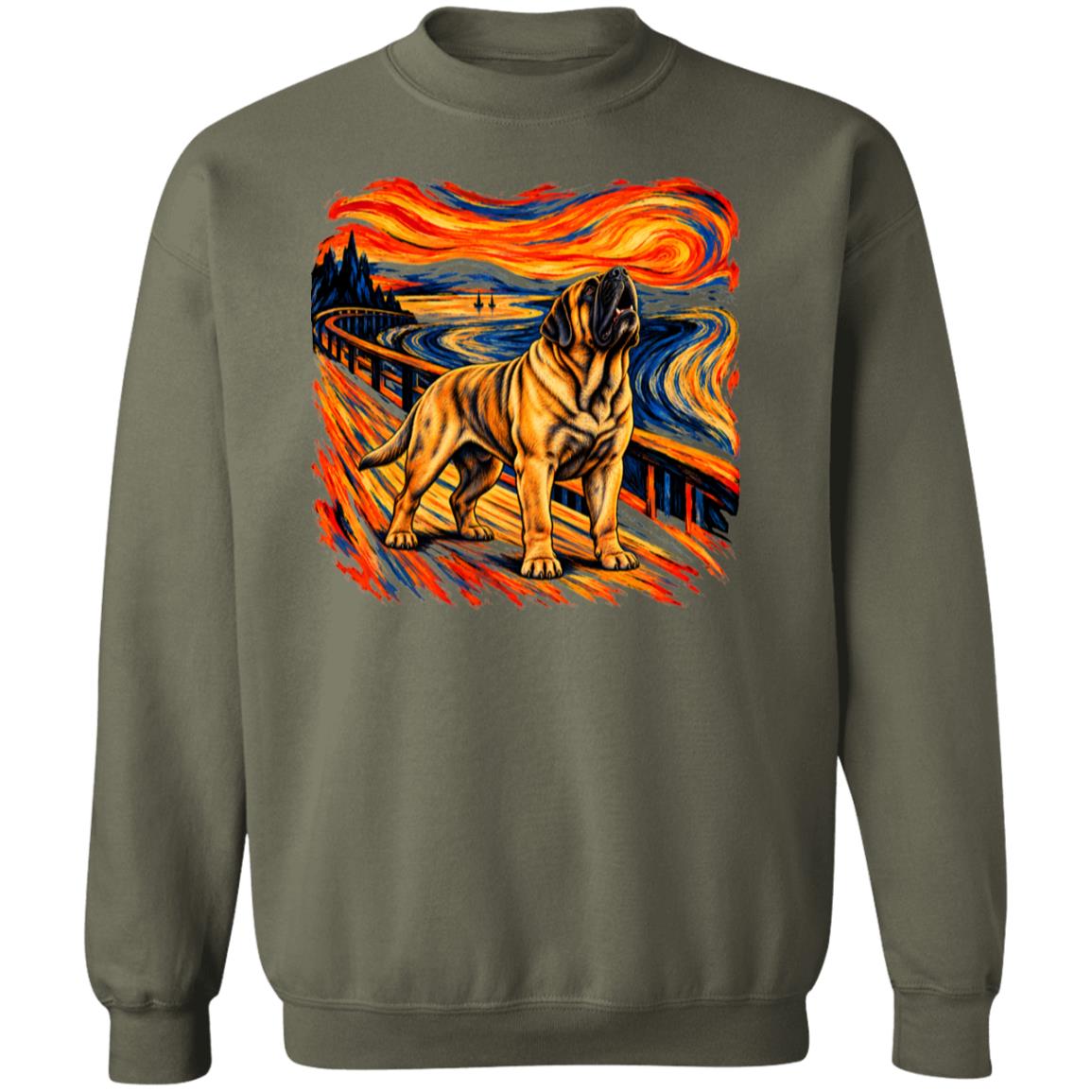 Military Green Gildan® Heavy Blend sweatshirt with The Howl Mastiff dog design