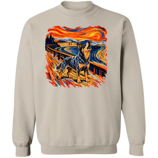 Sand Gildan® Heavy Blend sweatshirt with The Howl Blue Heeler dog design