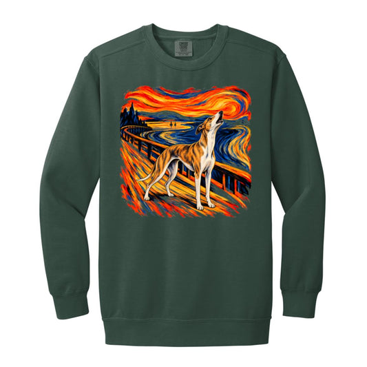 Blue Spruce Comfort Colors® sweatshirt with The Howl Whippet dog design