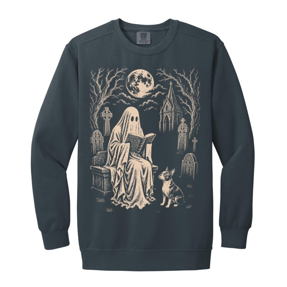 Boston Terrier Ghost Reading sweatshirt in Denim