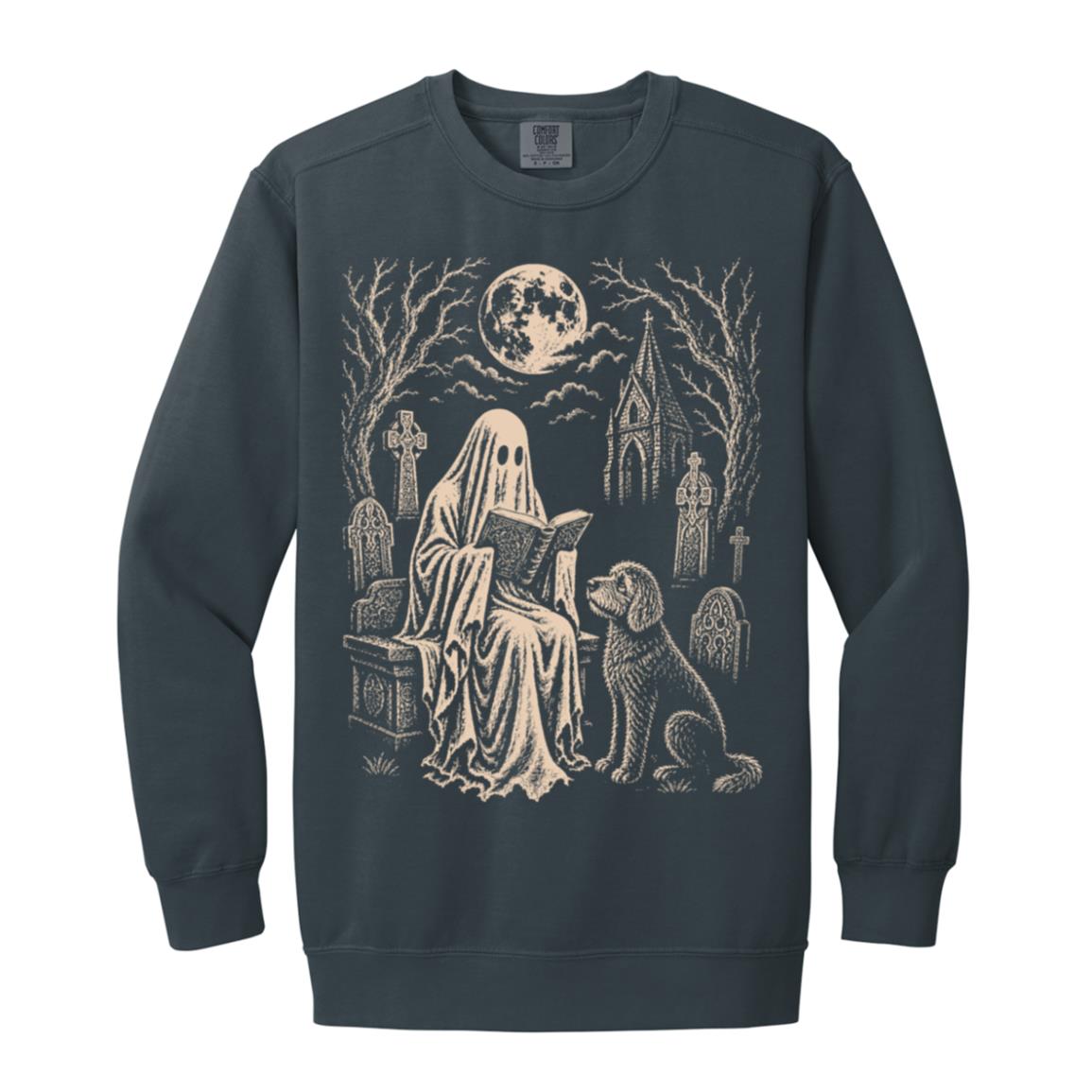Goldendoodle Ghost Reading sweatshirt in Denim