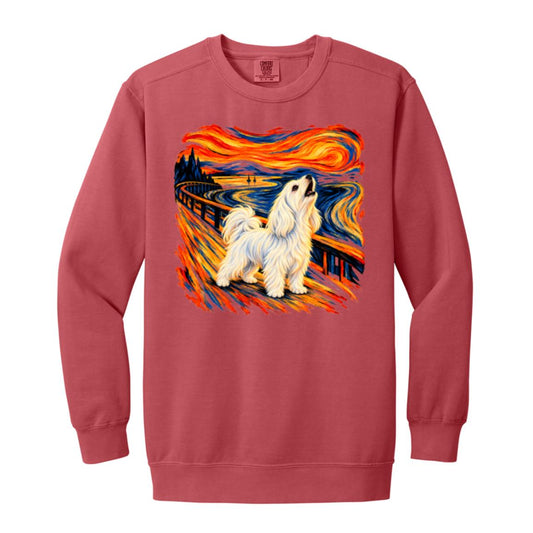 Crimson Comfort Colors® sweatshirt with The Howl Maltese dog design