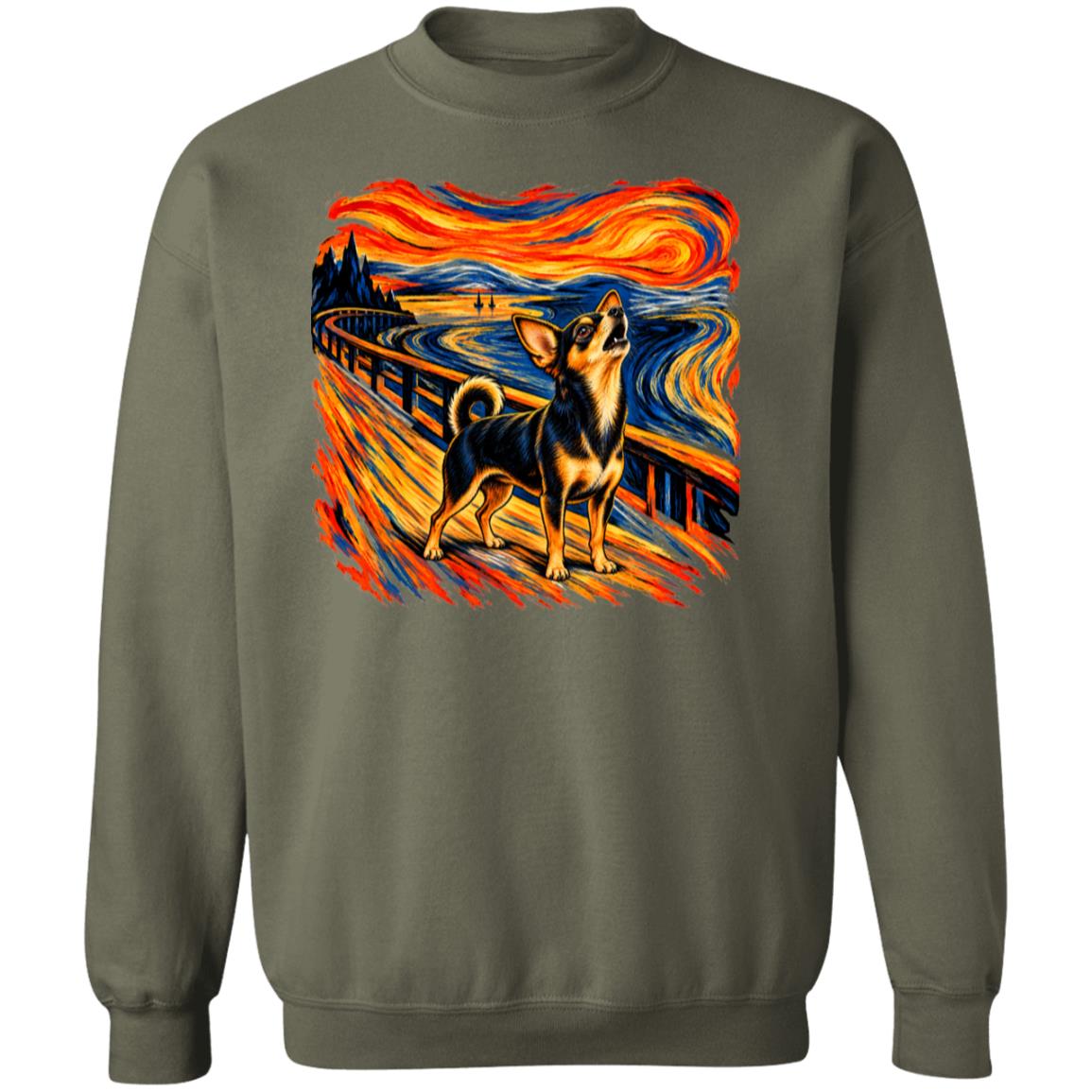 Military Green Gildan® Heavy Blend sweatshirt with The Howl Chihuahua dog design